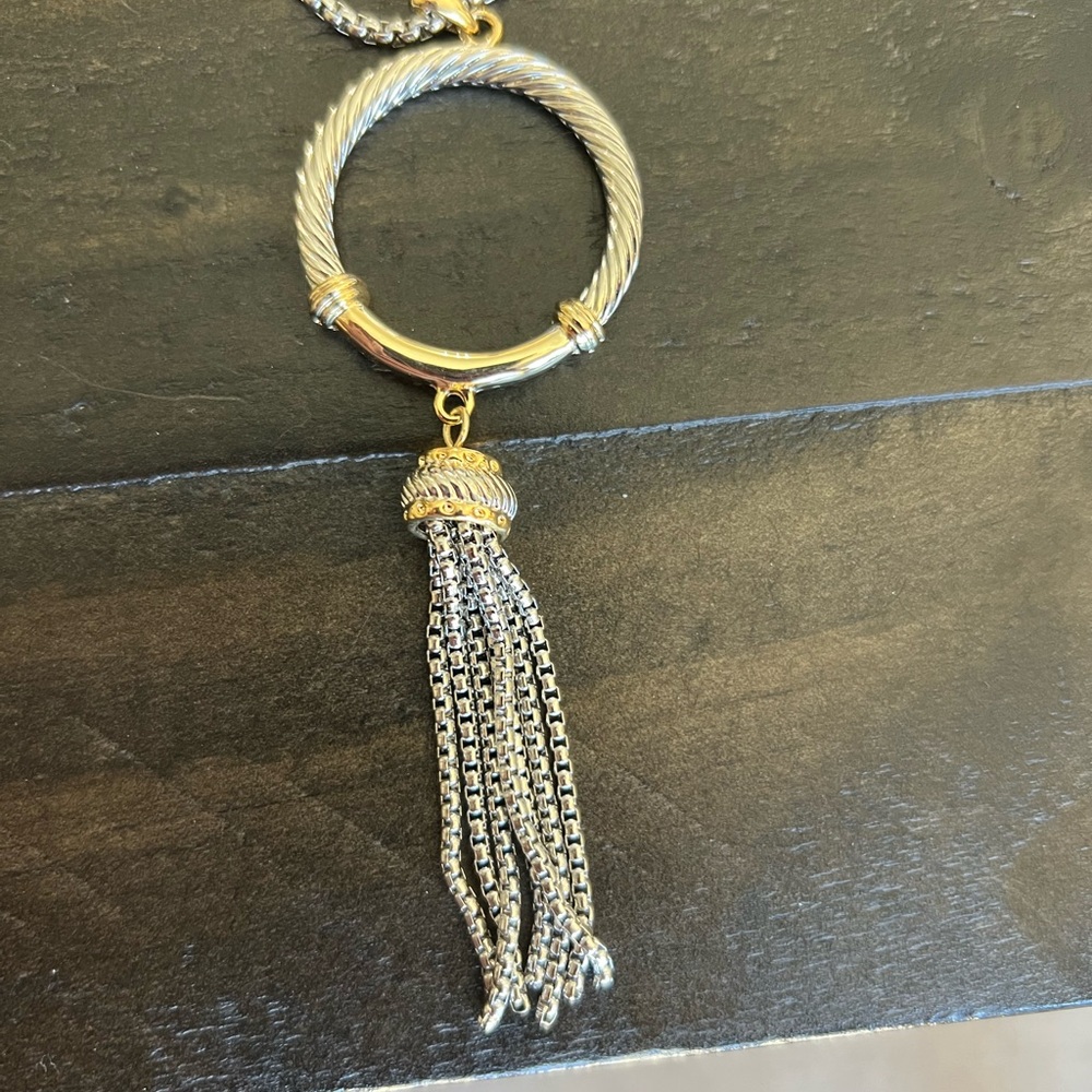 Gold and Silver Tassel Necklace and Triple Hoop Earings